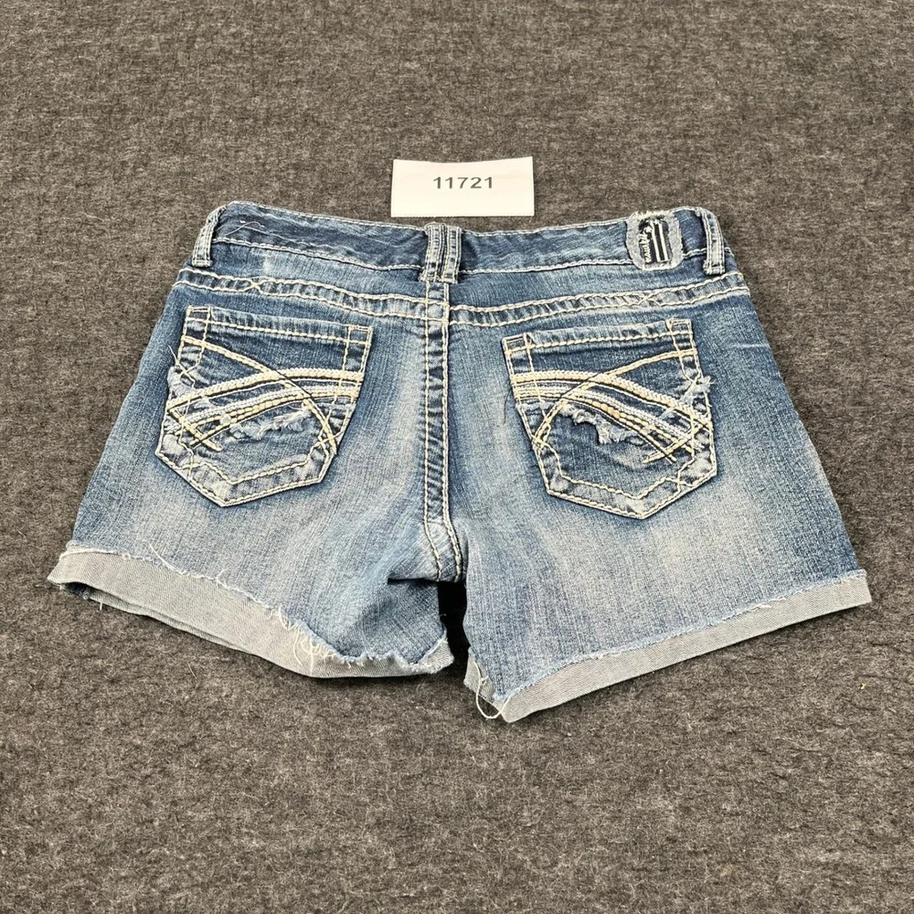 Maurices Rolled Hem Shorts Womens 5/6 Blue Denim Cotton Stretch Whiskers Detail